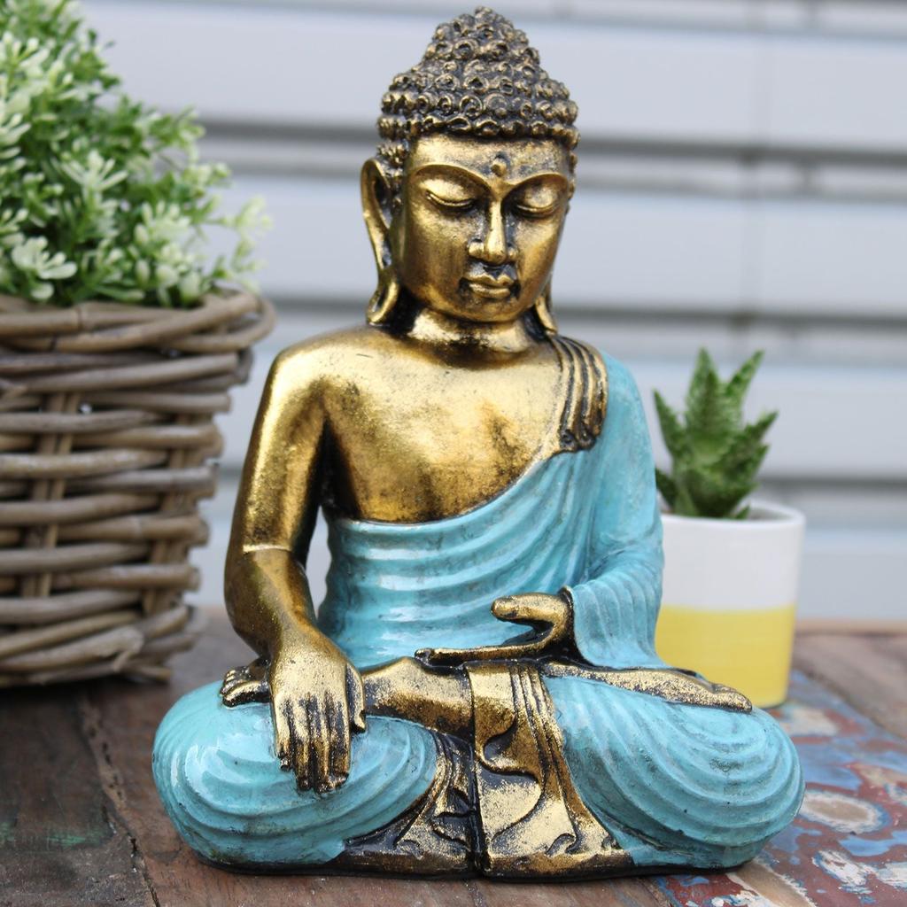 Buddha Statue Teal And Gold Resin Varada Mudra