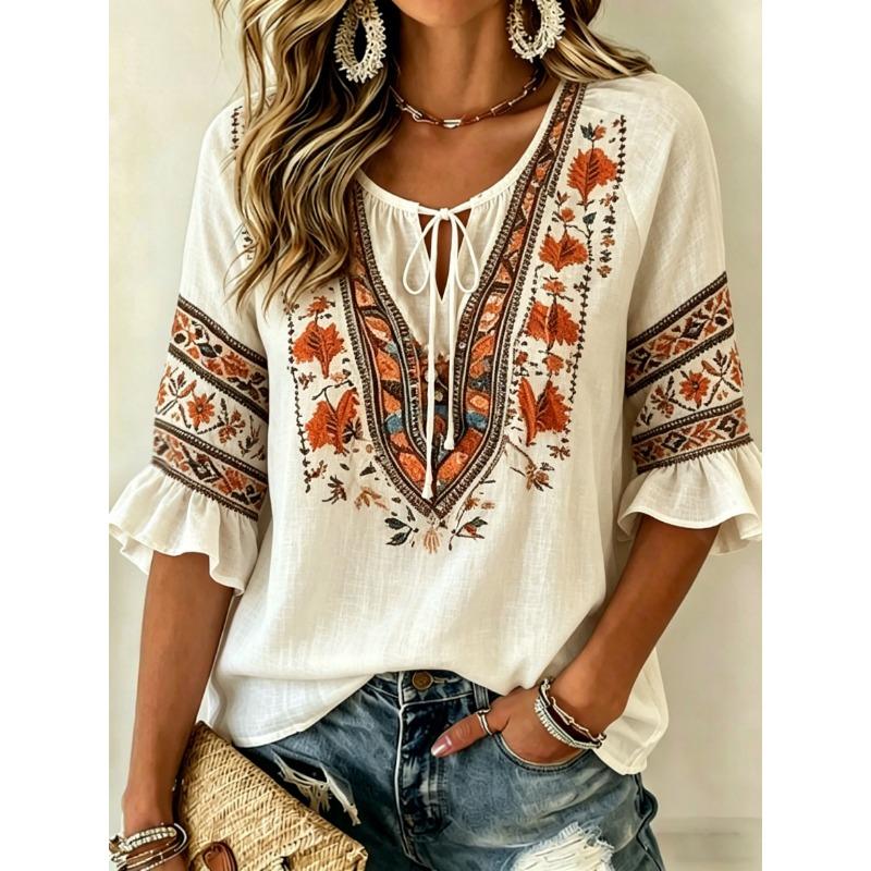 Damen Weiße Geblümte & Paisley Print Krawattenhals Bluse, Lässige Lockere Tops für Frühling Sommer Tägliches Tragen & Urlaubsanlässe