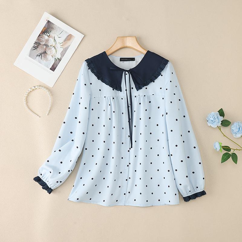 ZANZEA Women Splice Doll Collar Casual Long Sleeve Polka Dot Print Blouse