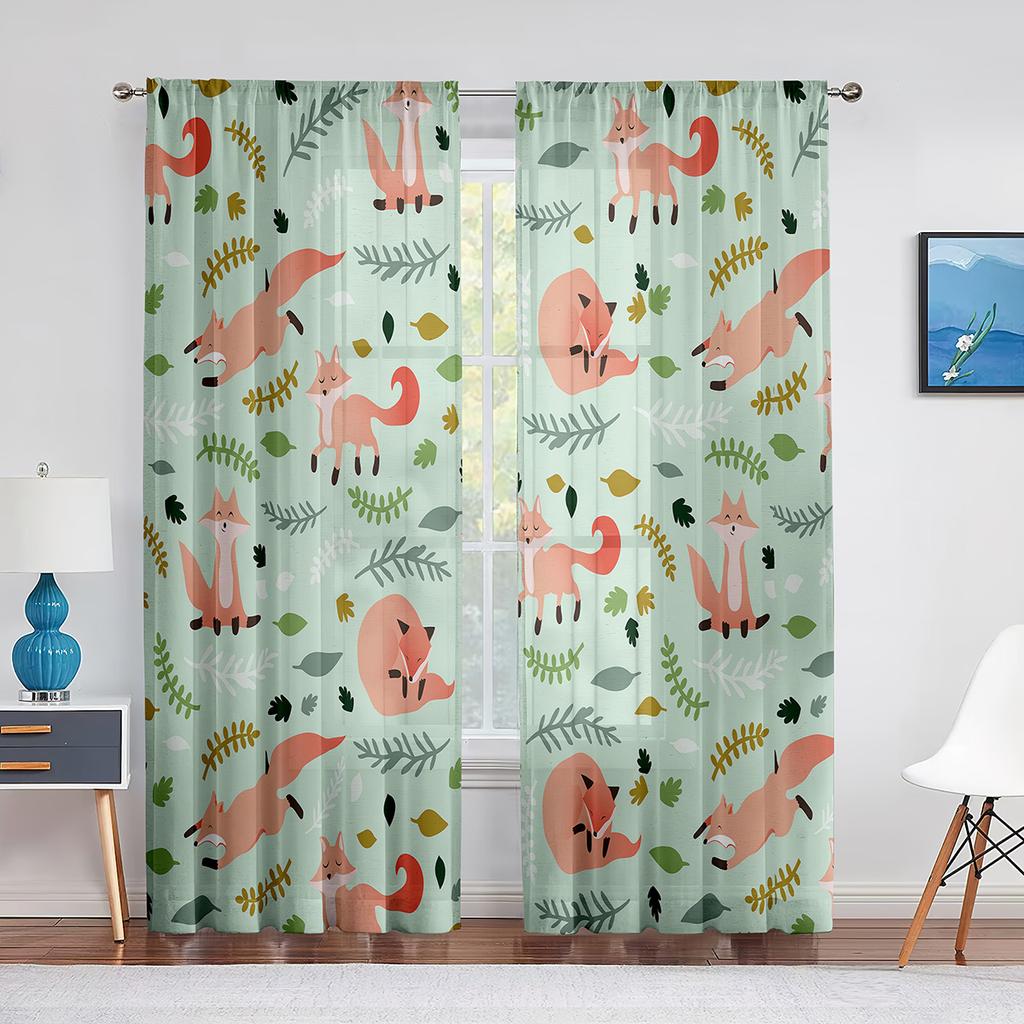 Jungle Safari Animals Sheer Curtain for Baby Bedroom Kids Nursery Cute Elephant Lion Giraffe Tiger Window Curtains Rod Pocket