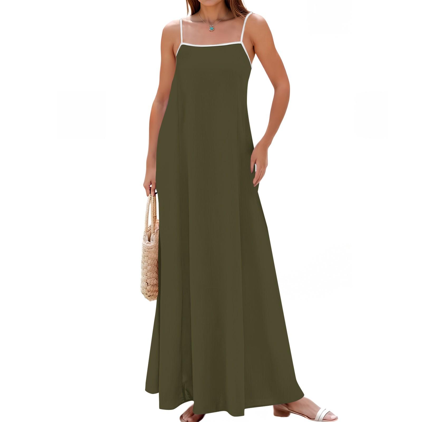 

Women s Spring And Summer Casual Fashion Adjustable Suspender Solid Color Long Dress L армія зелений колір