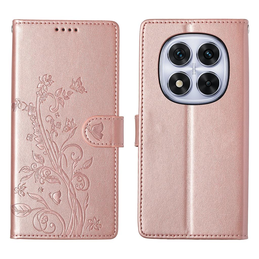 For Xiaomi Redmi Note 14 Pro 4G Wallet Case Butterfly Floral Imprint PU Leather Phone Cover with Wrist Strap