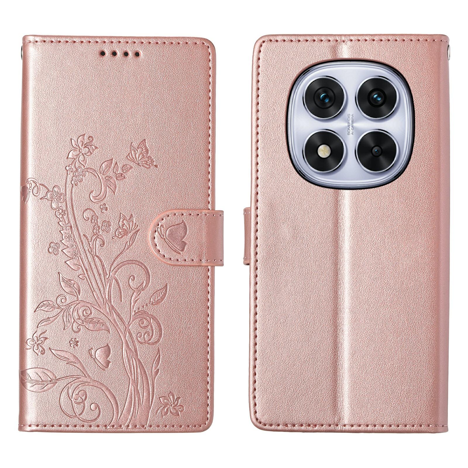 

For Xiaomi Redmi Note 14 Pro 4G Wallet Case Butterfly Floral Imprint PU Leather Phone Cover with Wrist Strap Rose Gold