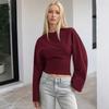 Women's Solid Color Round Neck Long Sleeve Top: European/American Style, Wide Sleeves, Cinched Waist