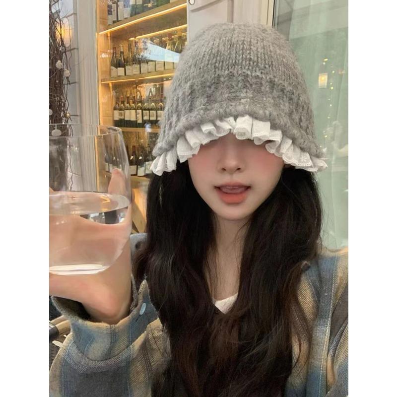 Lace Lace Knitted Bucket Hat Women Autumn and Winter Small Face Wool Hat Big Head Circumference Plush Hat Winter