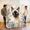 Light Blue Floral Siamese Cat Flannel Blanket Soft Warm All Season Throw for Sofa Bed Office Travel Perfect Gift