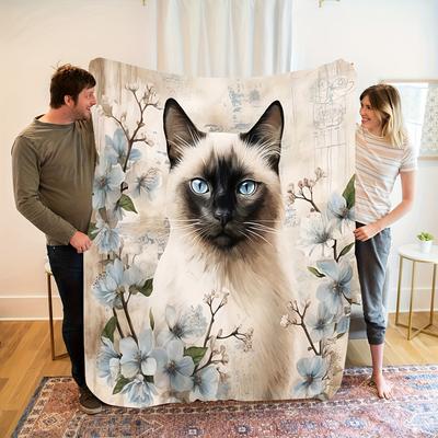 Light Blue Floral Siamese Cat Flannel Blanket Soft Warm All Season Throw for Sofa Bed Office Travel Perfect Gift