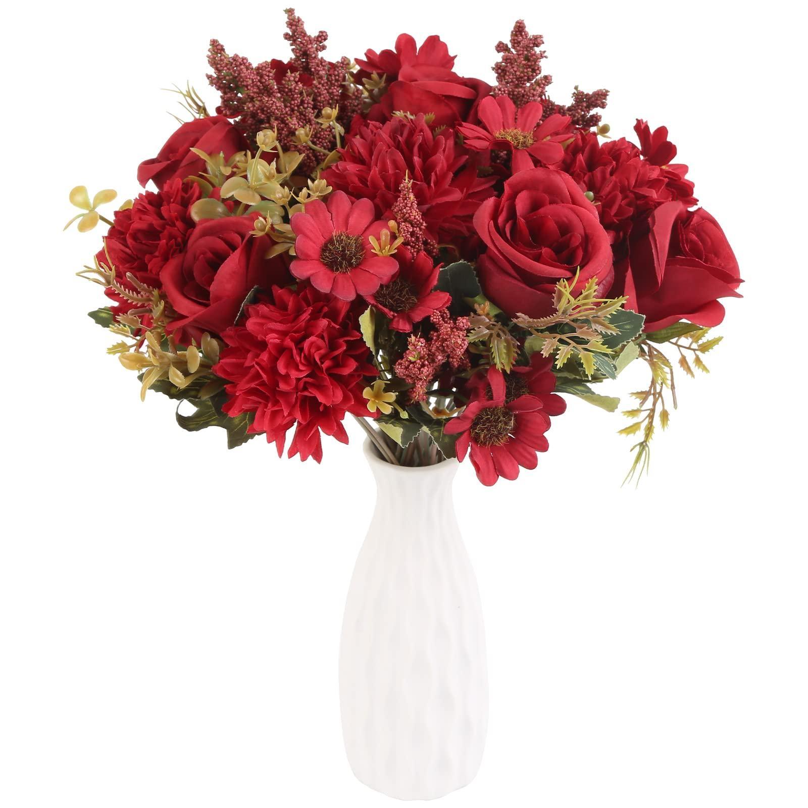

3 упаковки цветов из ткани ромашки, искусственные розы, шелковые гортензии, букеты цветов для осенних цветов, украшение для свадебного стола в стиле бохо, для фермерского дома красный