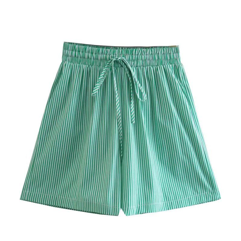 Spring New Women's Clothing Casual Style Lapel Long Sleeves Stripes Shirt 1209140 Loose Stripes Shorts