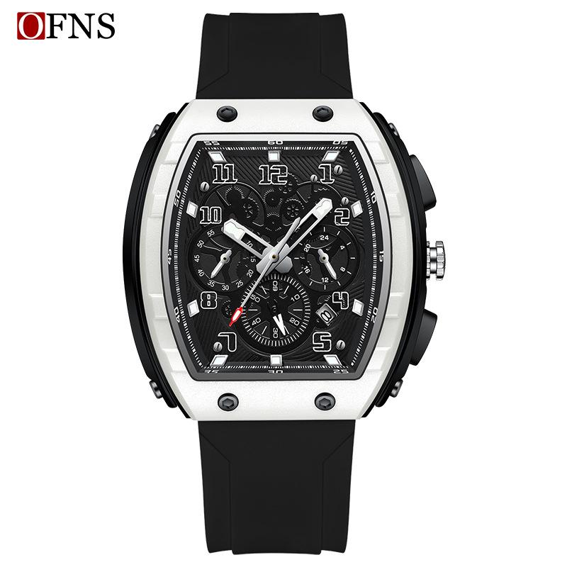 OFNS Men s Fashion Wine Barrel Quartz Watch - Three-Eye, Six-Hand, Night Vision, Waterproof Design