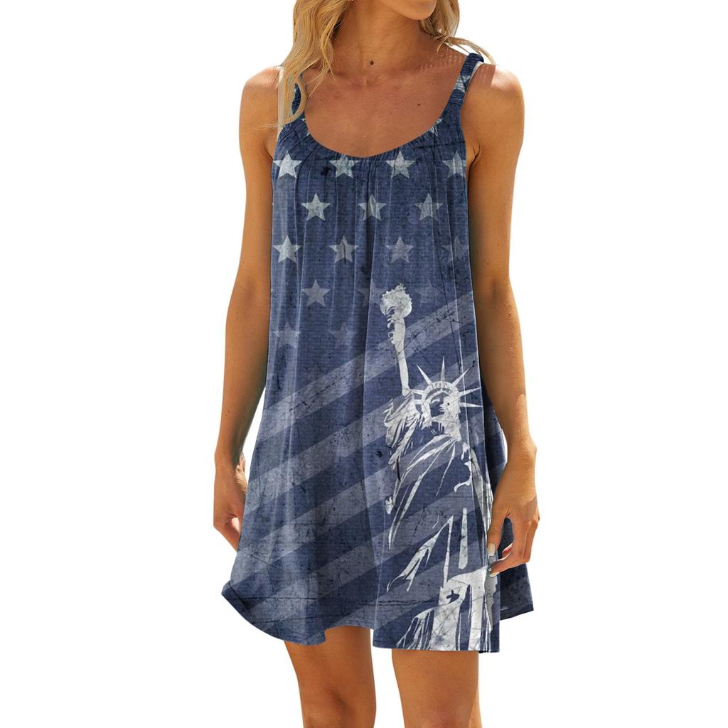 Women's Fashion Summer Beach Casual Print Sleeveless Cute Mini Sling Dress