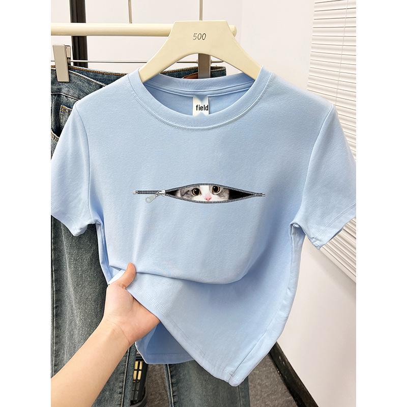 

Women s Korean Style Cute Cat Crew Neck Short Sleeve Slimming T-Shirt Small