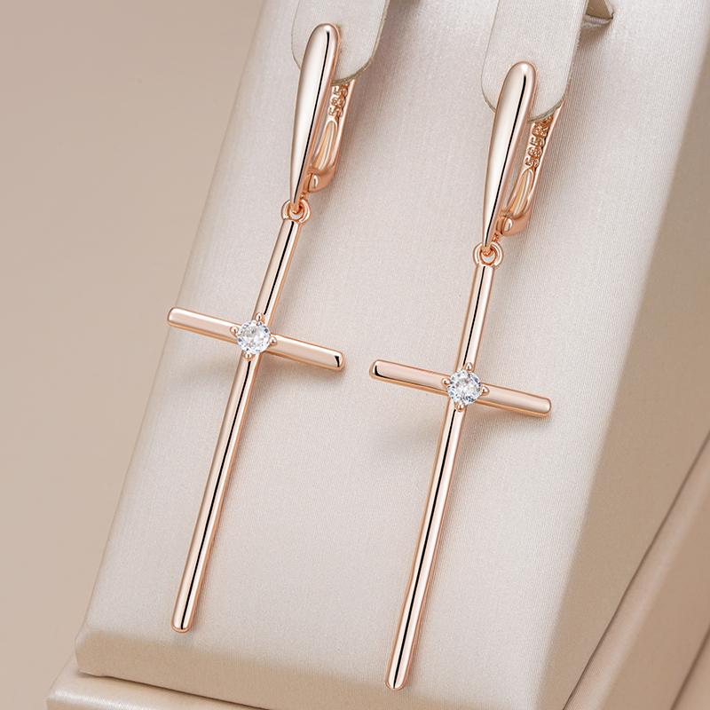 Roségold Farbe Glänzend Kreuz Lange Hängende Ohrringe Für Damen Mode Natürlicher Zirkon Accessoires Religion Schmuck