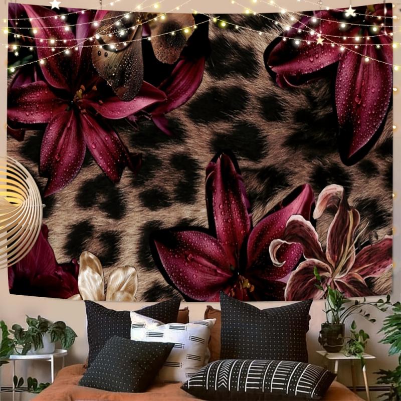 VIKAMA Retro Leopard Print Burgundy Lily Tapestry Luxury Wild Romantic Floral Wall Hanging for Bedroom Living Room Dorm Decor