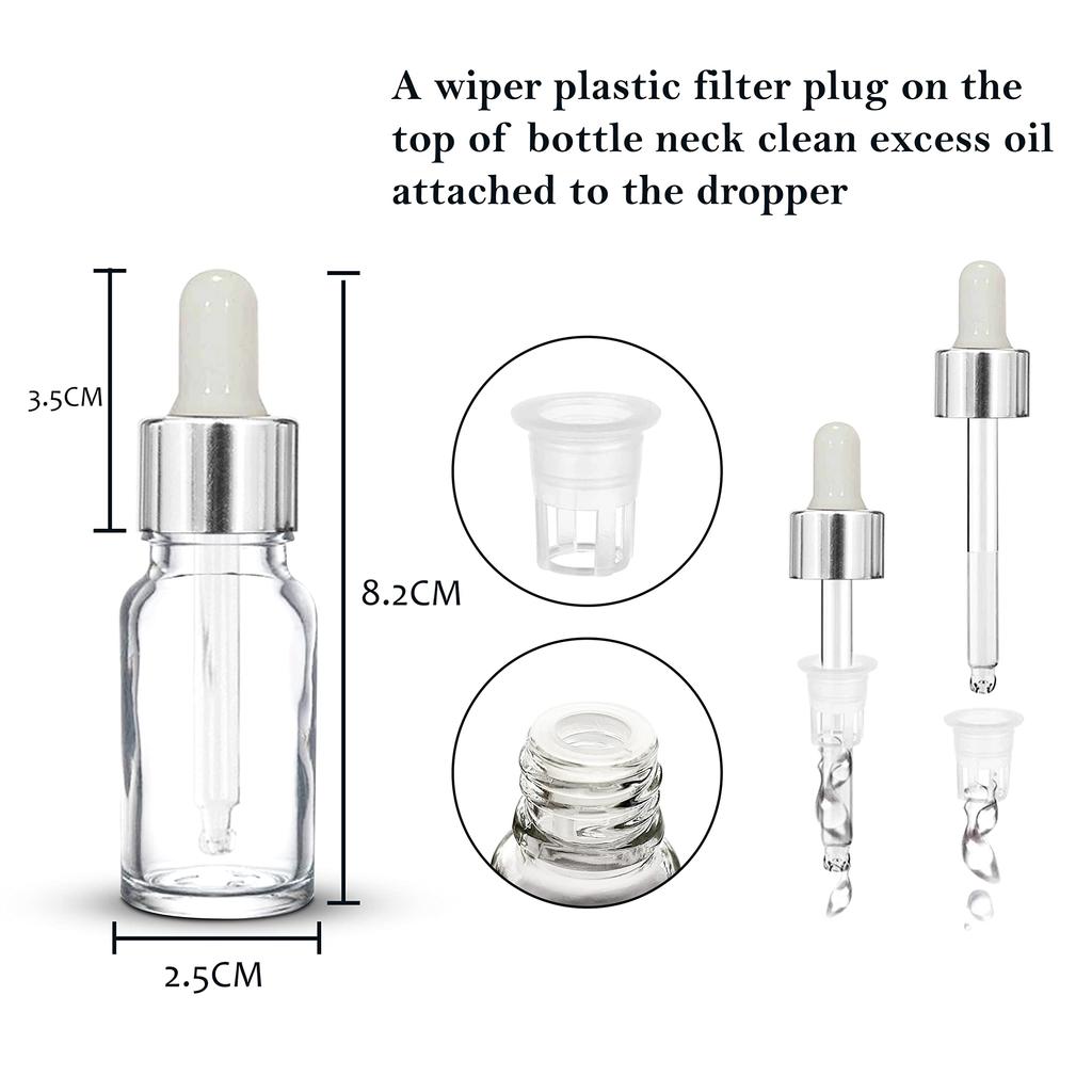 Nsb Herbals 10 ML Clear/Transparent Round Empty Glass Bottle + Glass Dropper + Silver Ring + Silcon White Teat, Refillable, Leak Proof For Essentia