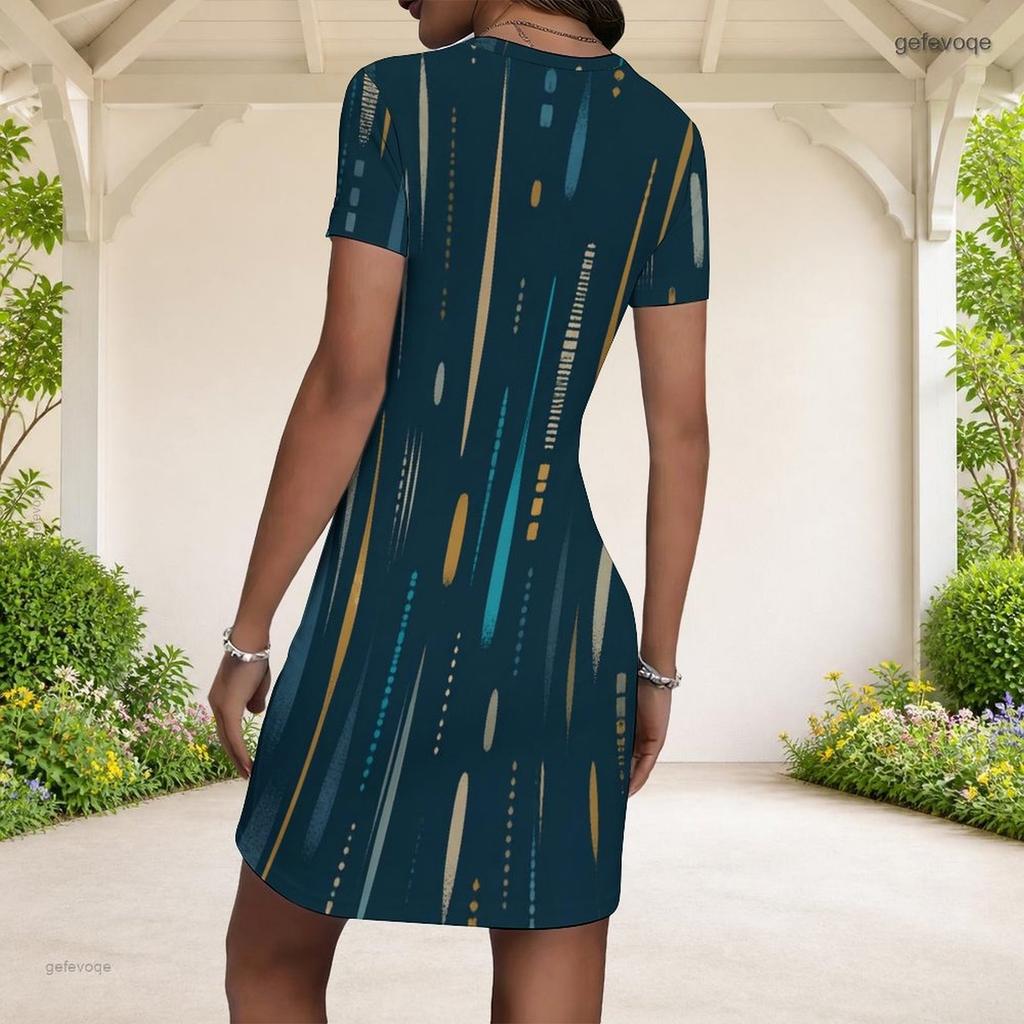 Women Plus Size Round Neck Short Sleeve Colorful Printed Fitted Mini Dress