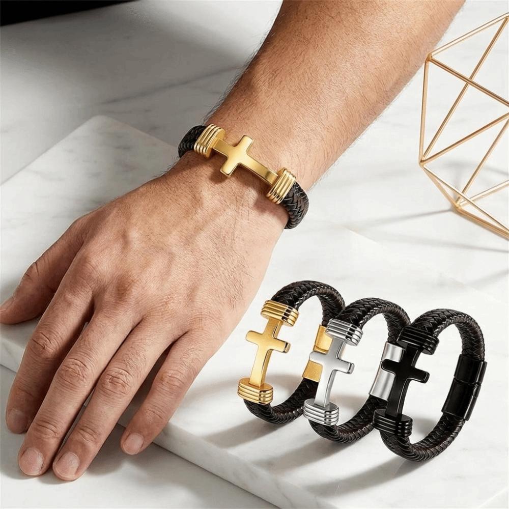 Magnetic Buckle Cross Leather Bracelet Multi-Strand Braiding Christian Bracelet Gift for Boyfriend