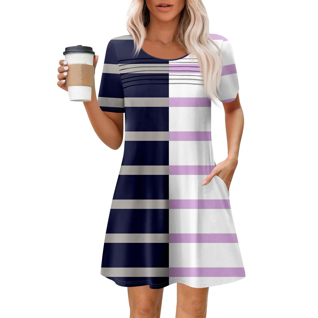 Damen Sommer Casual Rundhals Plissee Mit Taschen Bedruckte Kurzarmkleider