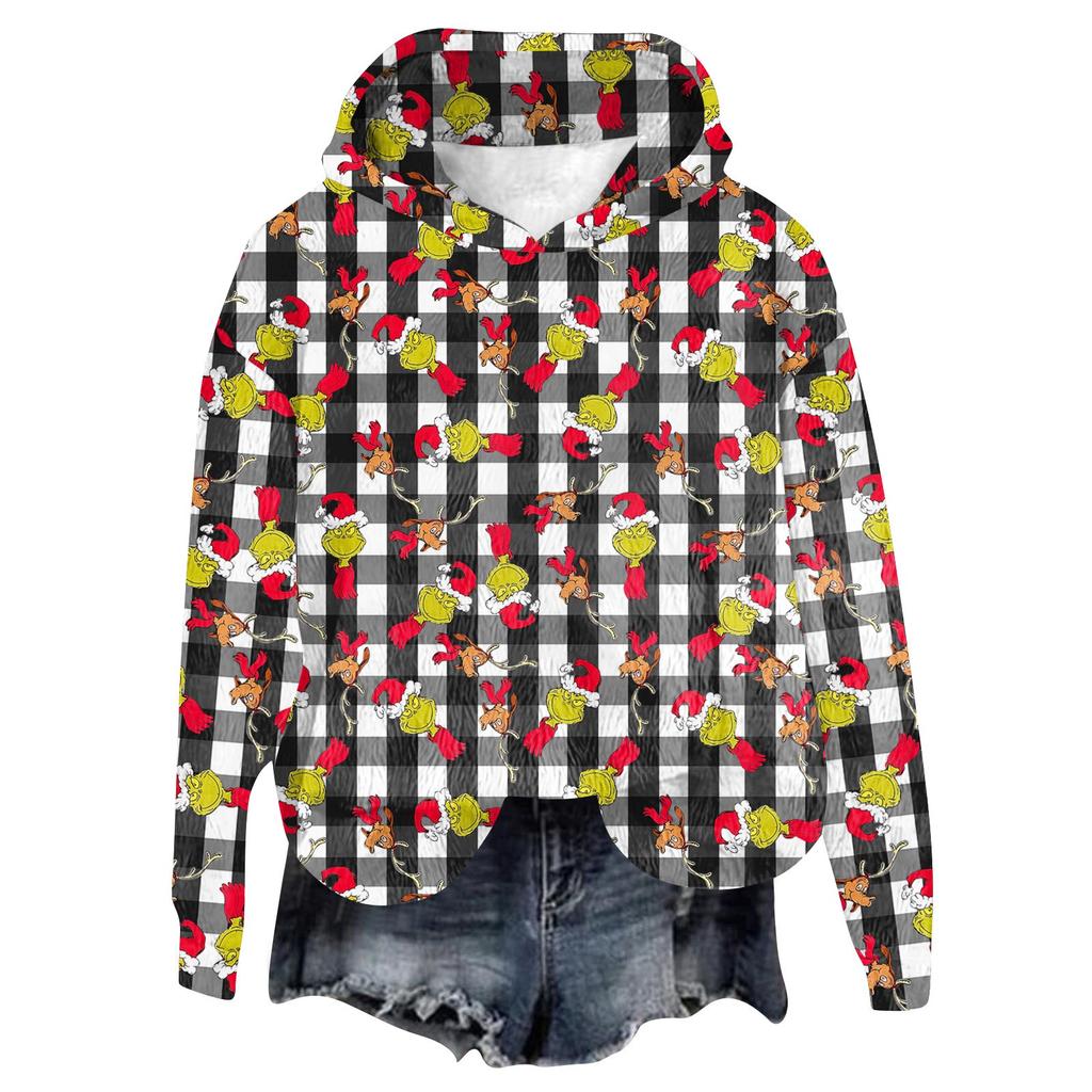 Women's Hooded Long Sleeve Christmas Printed Flannel Top Hooded Sweatshirt