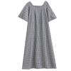 Real shot summer new literary loose cotton and linen plaid square neck short-sleeved dress women's medium and long