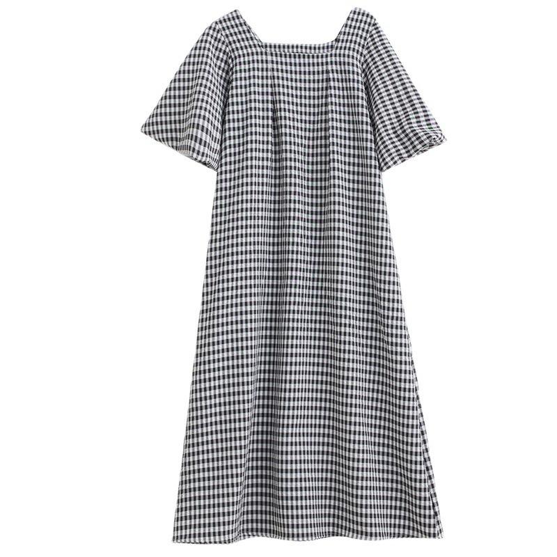 Real shot summer new literary loose cotton and linen plaid square neck short-sleeved dress women's medium and long