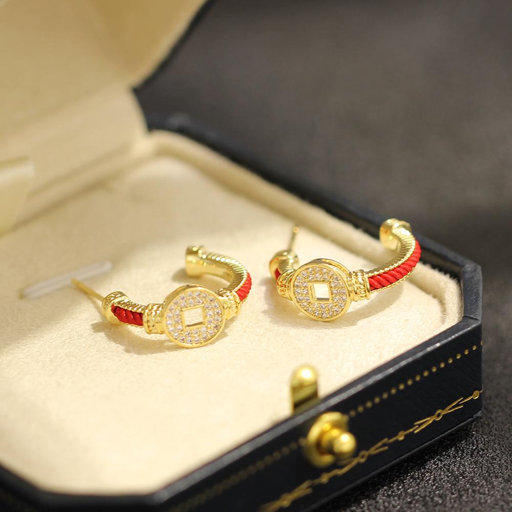 New Chinese festive atmosphere red rope copper coin earrings temperament versatile diamond set 925 silver needle stud earrings women's model