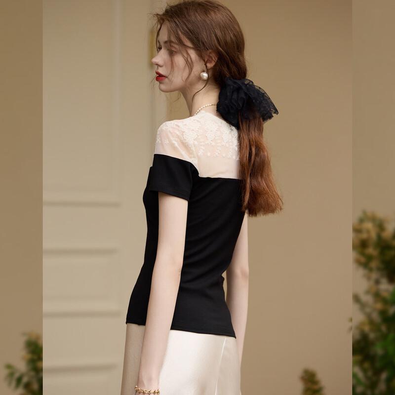 Bailuyu Women's Elegant V-Neck Lace T-Shirt with Bow Detail