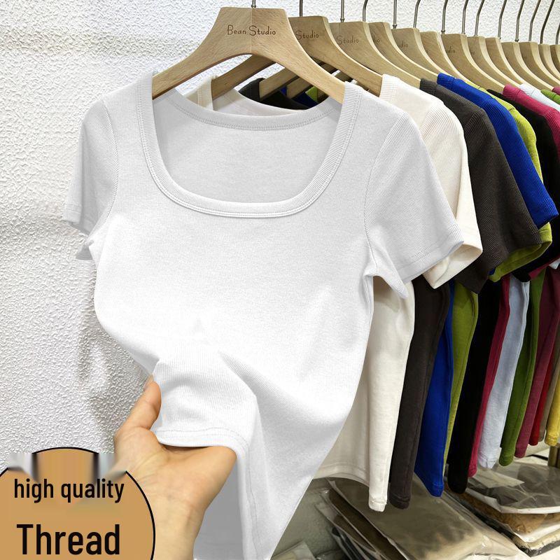 2025 Summer Trendy Plus Size Square Neck Slim Fit Short Sleeve Women's T-shirt