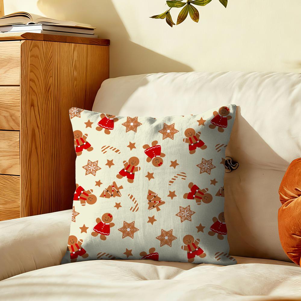 Festive Gingerbread Pattern Cushion Cover Plush Fabric Soft DoubleSided Printed Sofa Warm Winter Home Gift Pillow Cover
