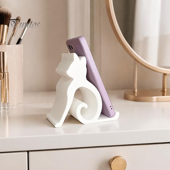 Stable Phone Support Cute Cat Stand Curled Tail Kitty Desk Holder for Cell Black Dock Tablet, 3D Printed Universal Stand Office Bedroom, Gift Lovers