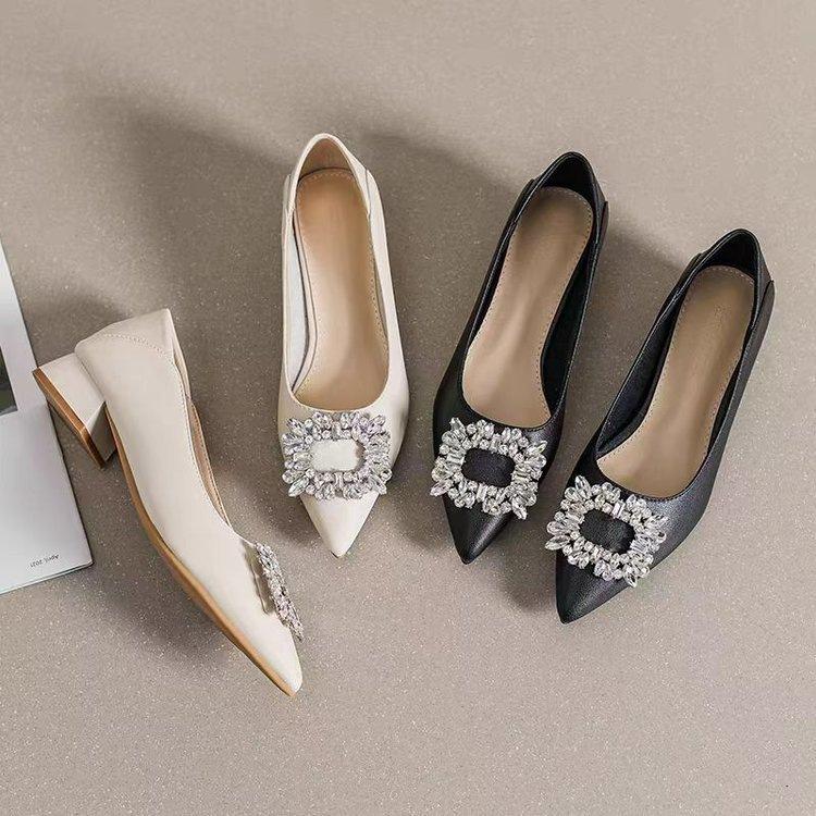 Rhinestone Soft-faced Square Buckle High Heels 2025 Summer New French Single Shoes Pointed Black Professional Commuter Leather Shoes Women