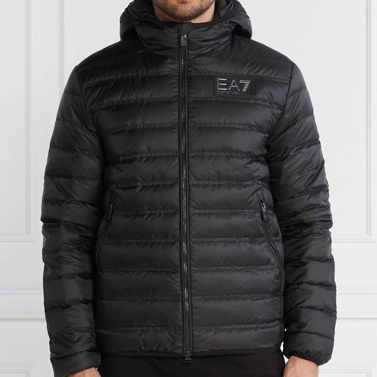 Emporio Armani EA7 FW23 Solid Color Letter Logo Printed Hooded Zipper Long Sleeve Down Jacket Men Outerwear Black 6RPB16-PN5ZZ-1200
