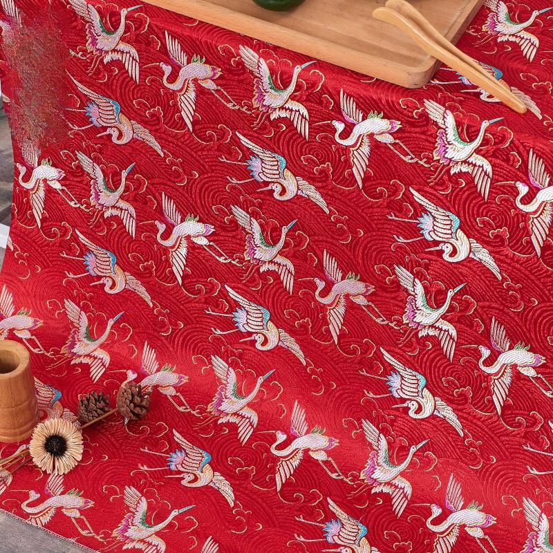 Chinese Style Handmade Silk Satin Fabric Cheongsam Stage Decorative Pillow Embroidered Tissue Paper Crane Pattern Dress Material
