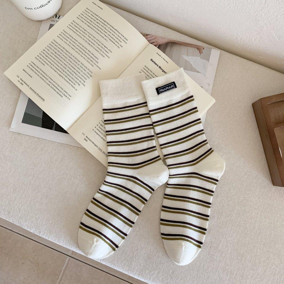 Female Spring and Autumn Retro Striped Cloth Logo Leisure Sports Boneless Tube Stack Socks