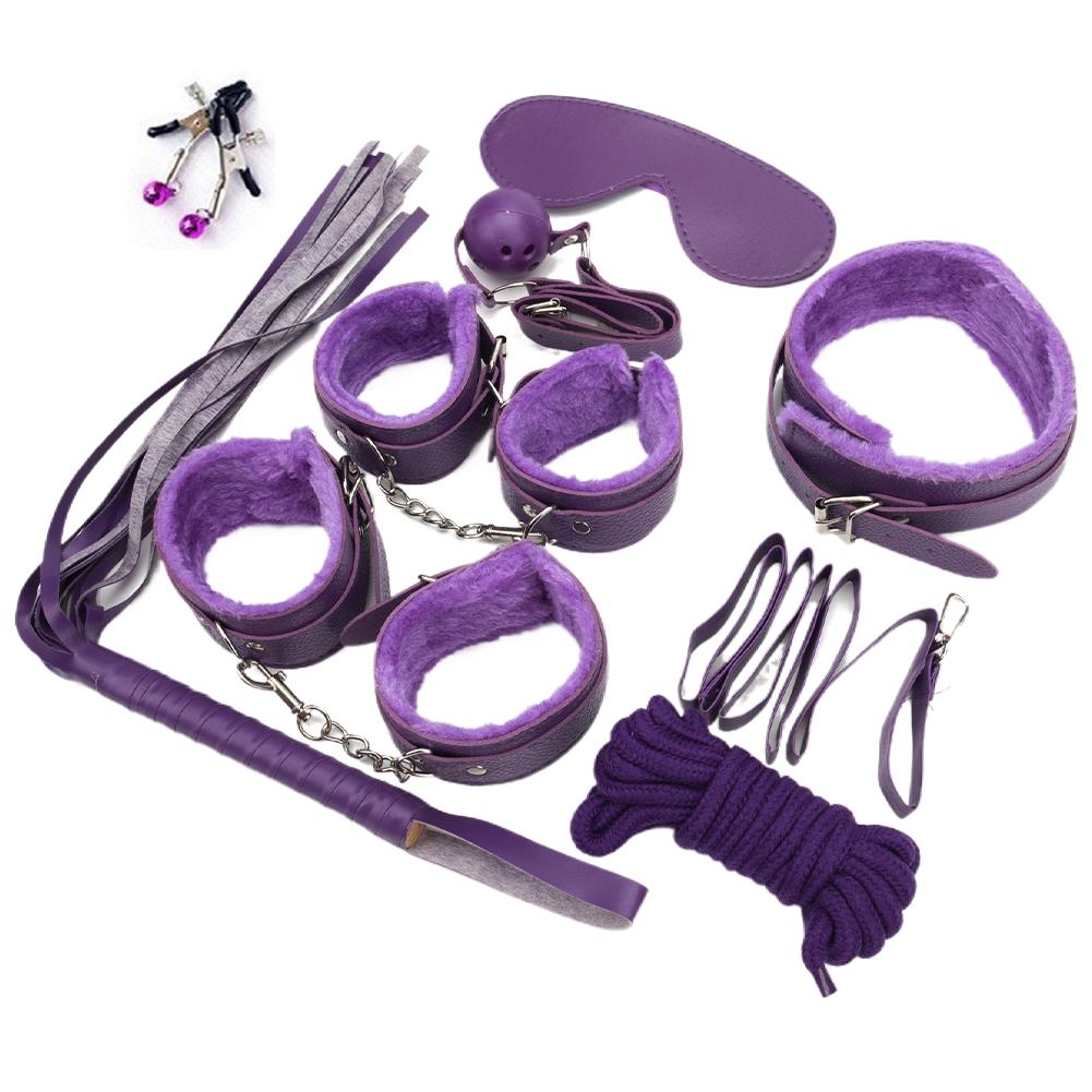 Sexy Leather BDSM Kits Plush Sex Bondage Set Handcuffs Sex Games Whip Gag Nipple Clamps Sex Toys For Couples Adults Games