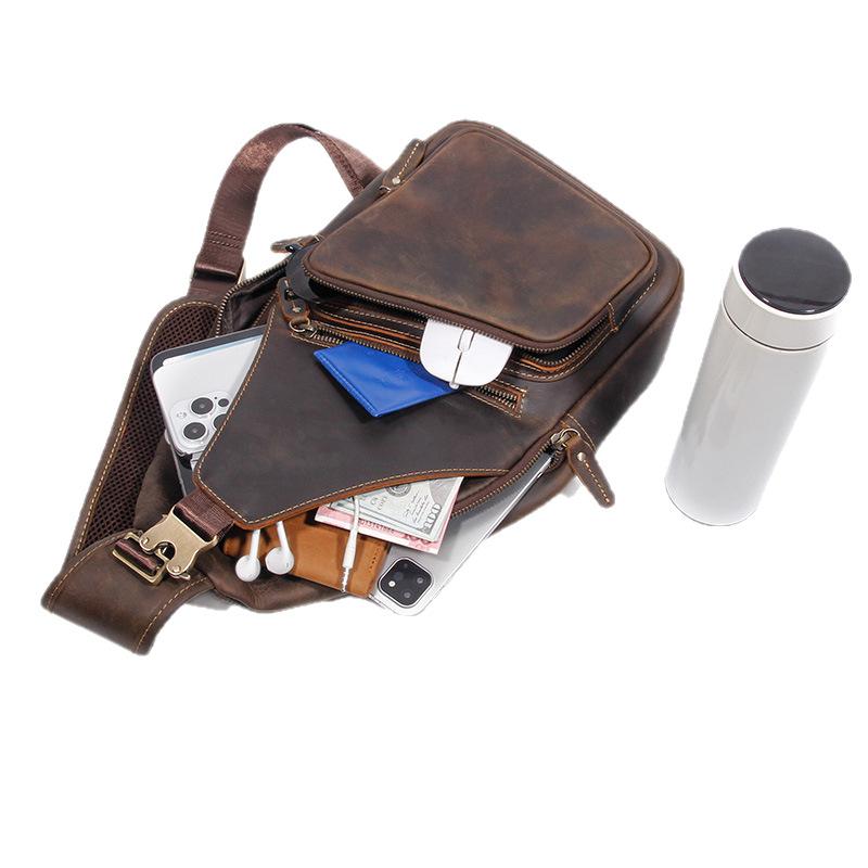 Leather Sports Chest Bag for Men, Multifunctional Single Shoulder Outdoor Large Capacity Crossbody Bag, European and American Retro Crazy Horse