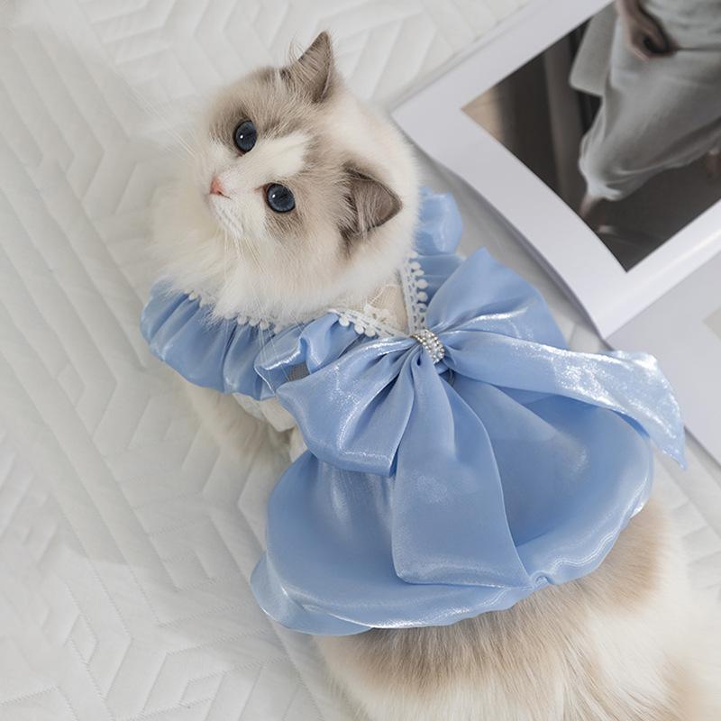 Spring and Summer Big Bow Princess Style Thin Muppet Blue Cat Dress Dog Skirt Pet Clothing Cat Clothing
