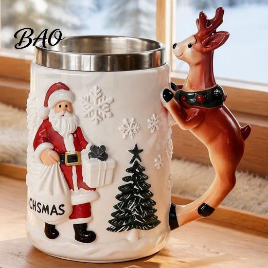 Christmas Coffee Mug Santa Claus with Reindeer Handle, 300ml 3D Resin Holiday Cup Embossed for Hot Cocoa, Winter Home Decor Unique Table Ornament