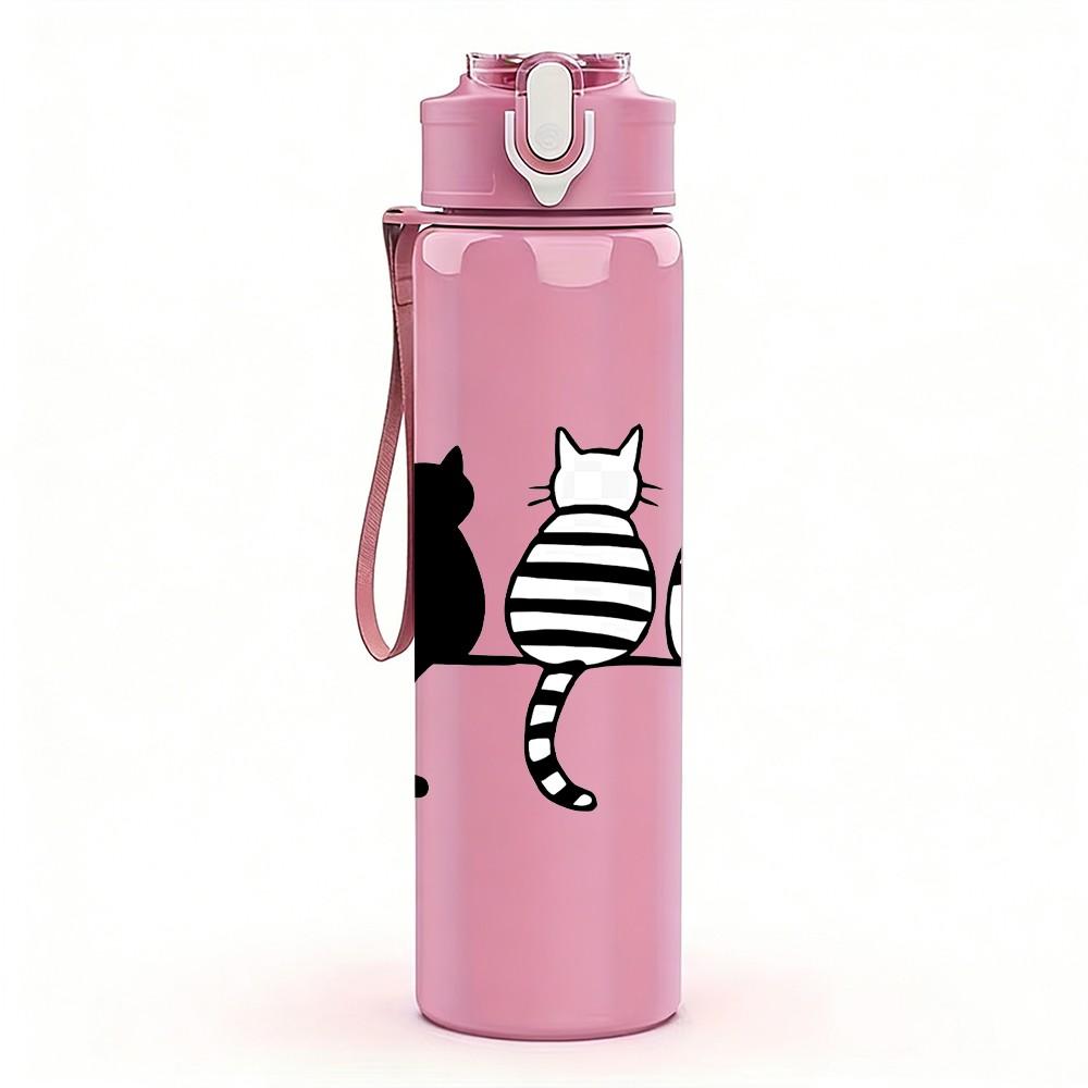 1PC Black White Cat Silhouette Group Print 750ml Color Plastic Sports Water Bottle Leakproof Flip Straw Lid Suitable for Sports Office Home Use