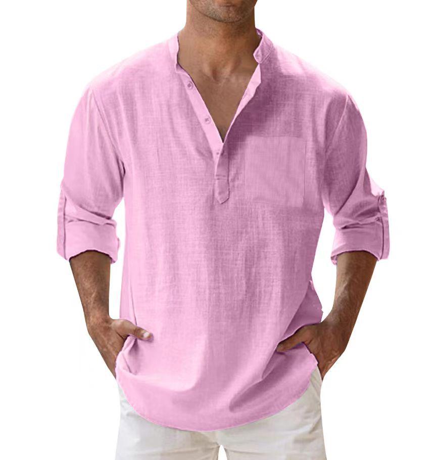 Herren Sommer Casual Locker sitzendes Stehkragen Einfarbig Langarm Baumwollhemd, Übergröße verfügbar