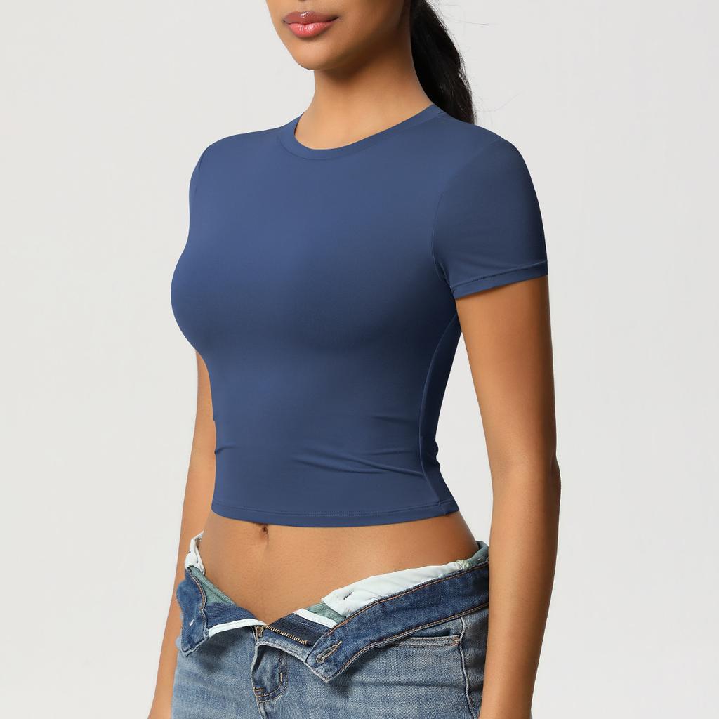 Double Sided Nylon Casual Tight Quick Drying Pilates Top Yoga Suit Short Sleeved Running Fitness T-shirt
