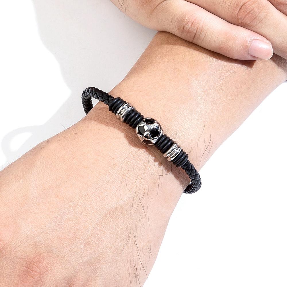 Sports Style Football Design Stainless Steel Button Woven Leather Men's Bracelet World Cup Gift Campus Gym Accessories