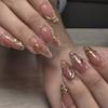 24Pcs Gold Cat Eye French Pearl Fake Nails Medium Almond Glitter Irregular Line Press On Nails