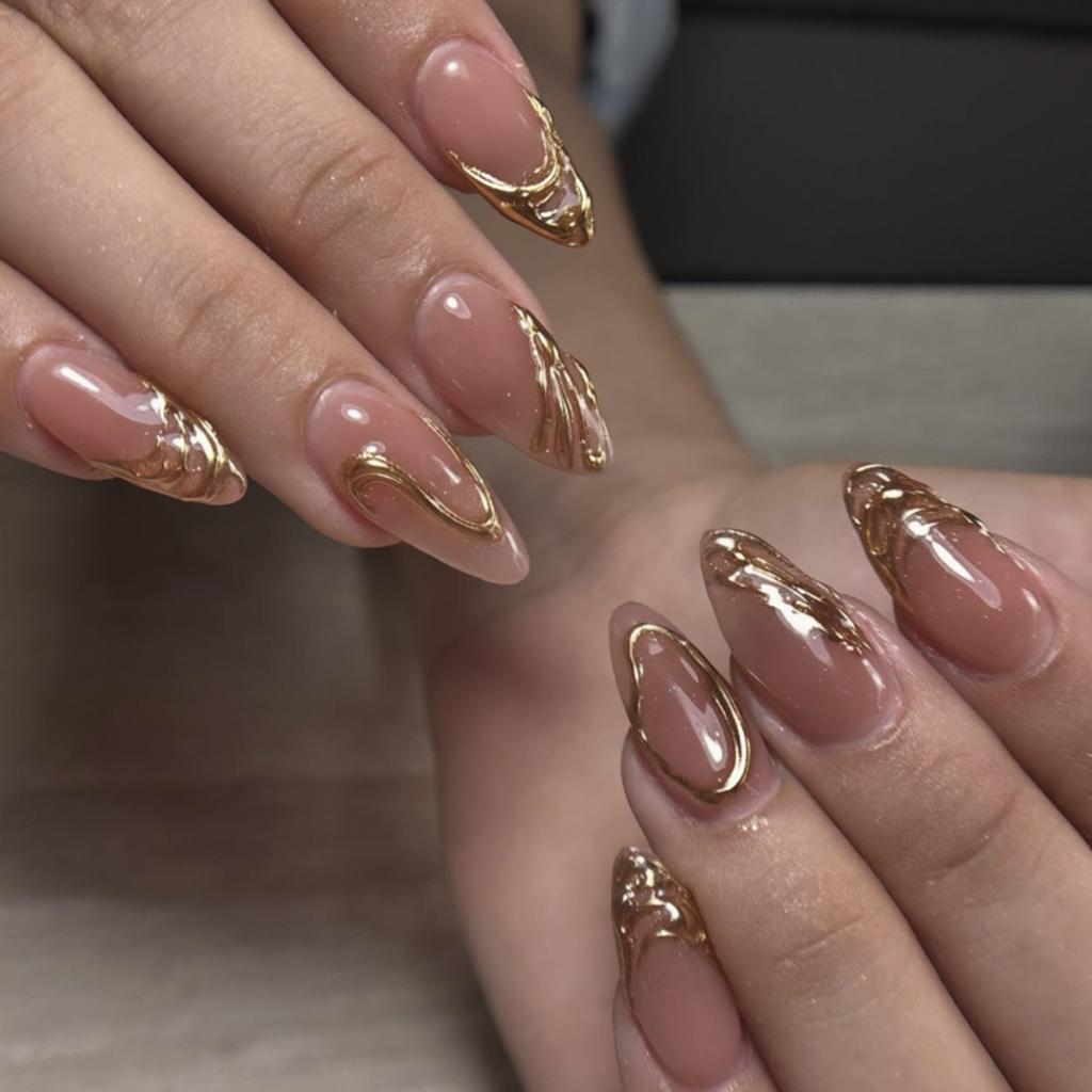 24Pcs Gold Cat Eye French Pearl Fake Nails Medium Almond Glitter Irregular Line Press On Nails