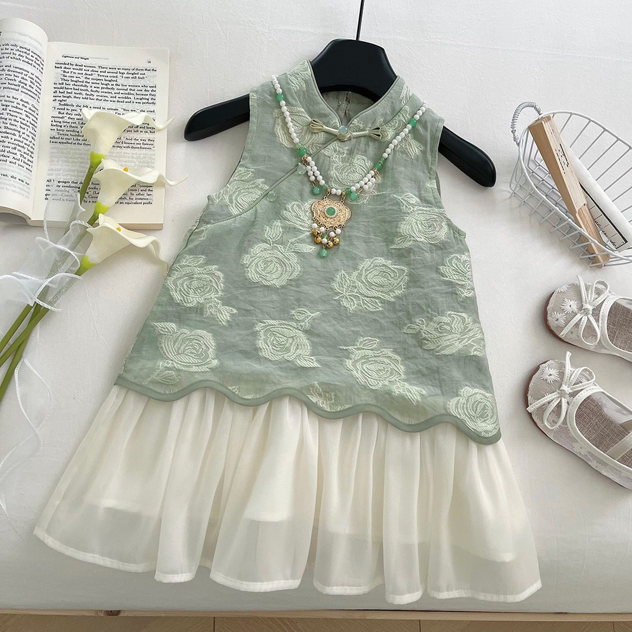 Summer Girls New Chinese Sleeveless Spliced Qipao Dress Traditional National Wind Princess Party Vest Dress 90cm