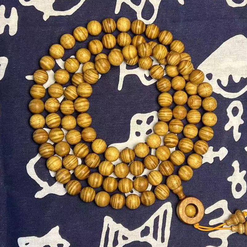 Sichuan Golden Silk Nanmu Prayer Beads Bracelet: 8mm Ripple Dragon Gall, Unisex, 108 Beads 8mm