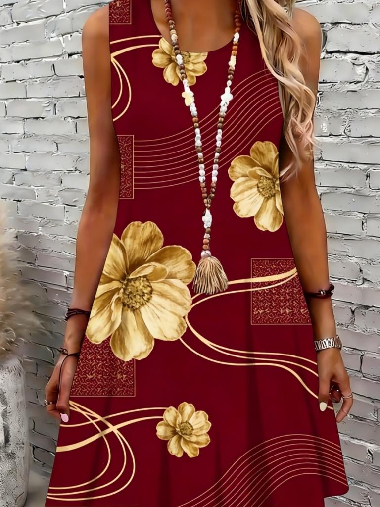 Women's Floral Print Round Neck Dress, Fashion Casual Sleeveless Short Dress for Daily Outdoor Wear, Ladies Dress for Summer