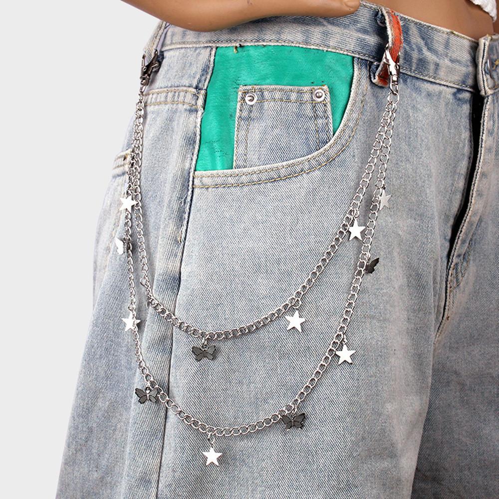 Metal Butterfly Star Pendant Waist Chain Women's, Hip Hop Punk Versatile Men's and Women's Double Trousers