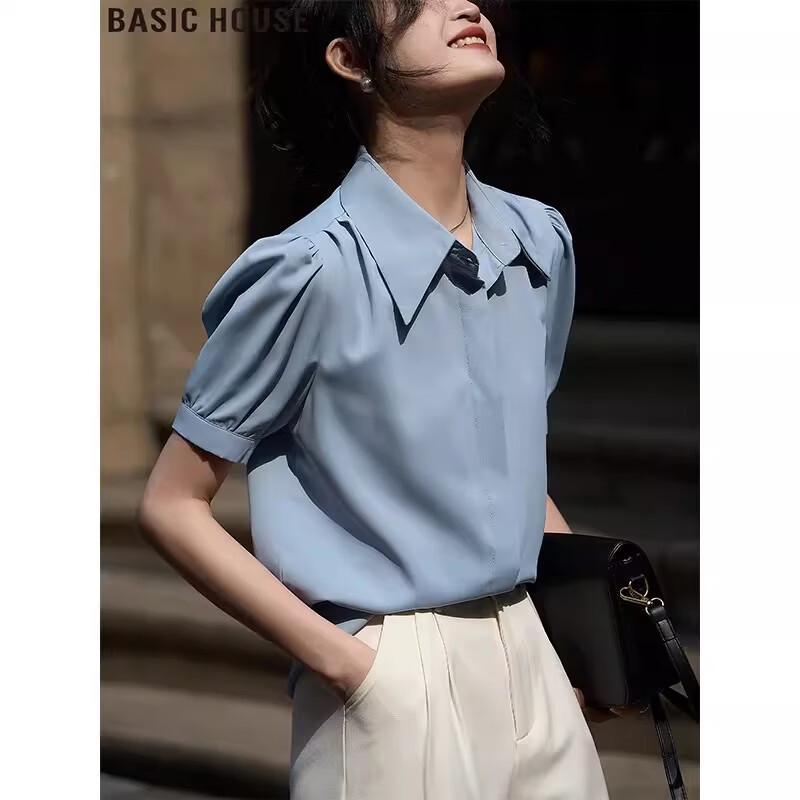 Basic House French Blue Short Sleeve Chiffon Blouse M