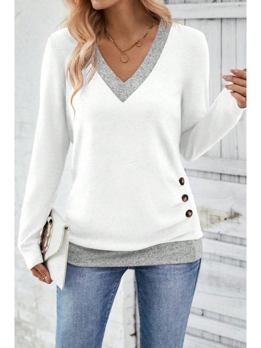 

2025 Spring/Summer Women s Three-Button Color Block V-Neck Long Sleeve, Casual Comfortable Travel/Vacation Wear Large білий